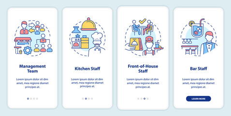 Restaurant staff onboarding mobile app screen. Management and kitchen walkthrough 4 steps editable graphic instructions with linear concepts. UI, UX, GUI template. Myriad Pro-Bold, Regular fonts used