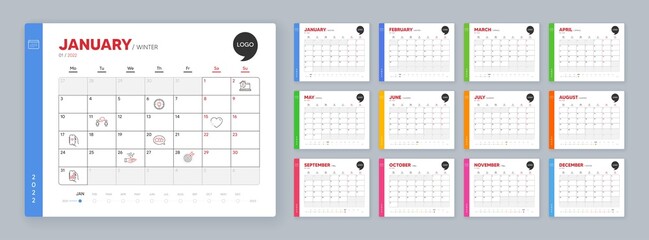 Calendar 2022 month schedule. Target purpose, Stars and Heart minimal line icons. Work home, Consulting business, Internet app icons. Wind energy, Idea, Analysis app web elements. Vector