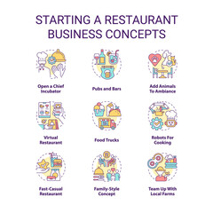 Starting restaurant business concept icons set. Food trucks and pubs idea thin line color illustrations. Planning startup. Isolated symbols. Editable stroke. Roboto-Medium, Myriad Pro-Bold fonts used