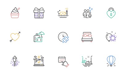 Bumper cars, Balloon dart and Pillows line icons for website, printing. Collection of Scuba diving, Puzzle time, Event click icons. Luggage insurance, Airplane travel, Air balloon web elements. Vector