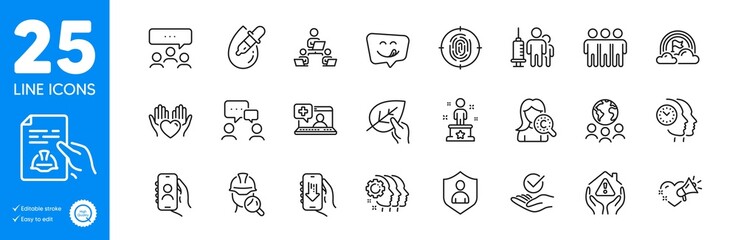 Outline icons set. Meeting, Teamwork and Approved icons. Security, Global business, Download app web elements. Yummy smile, Technical documentation, Love message signs. Eye drops. Vector