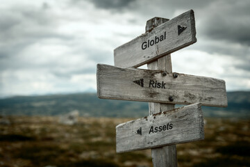 global risk assets text quote on wooden signpost outdoors in nature. Inflation, economy and financial concept.