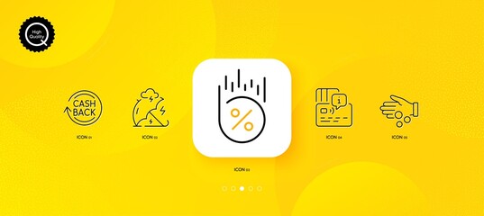 Fototapeta na wymiar Loan percent, Donation money and Cashback minimal line icons. Yellow abstract background. Stress protection, Card icons. For web, application, printing. Discount, Tax money, Refund commission. Vector