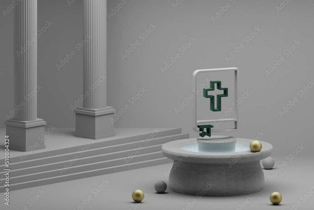 Poster Beautiful abstract illustrations Bible symbol icon on a fountain and column background. 3d rendering illustration. Background pattern for design. Wedding day.