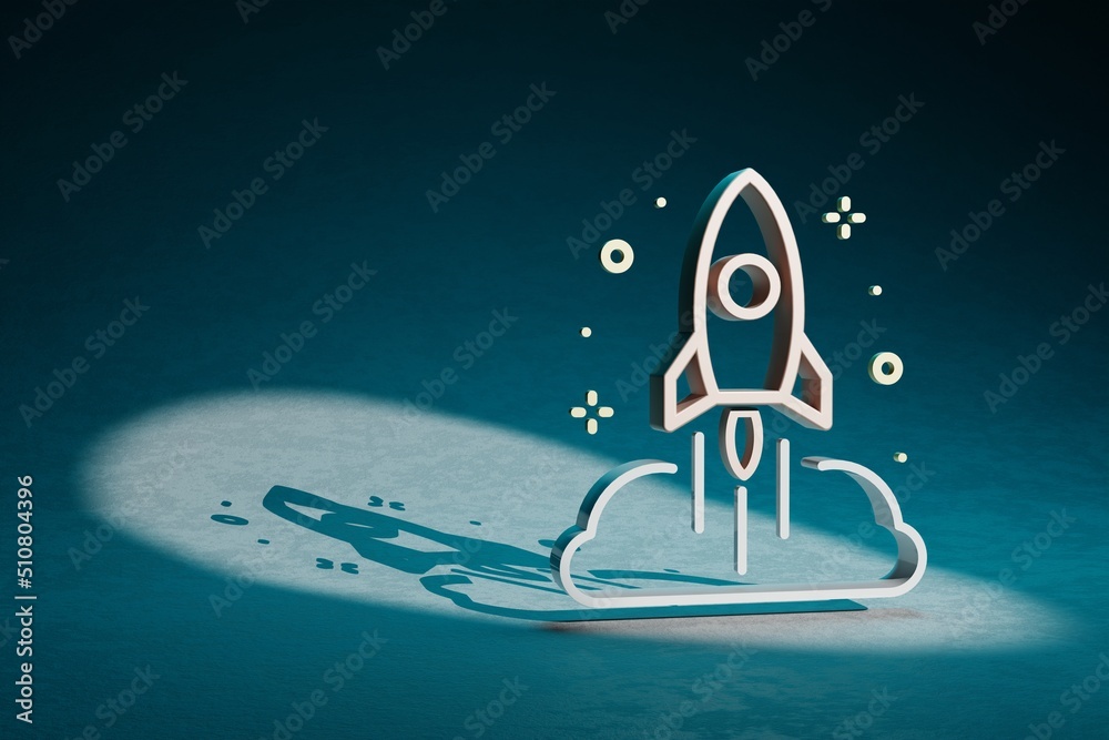 Aufkleber Beautiful abstract illustrations Rocket Launch and cloud symbol icon on a dark blue background. 3d rendering illustration. Space exploration..