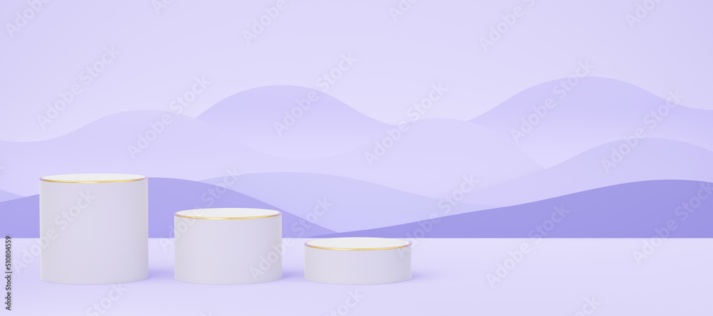 Wall mural 3d white cylinder podium with gold border on purple wave background. 3 empty pedestal mockup space f