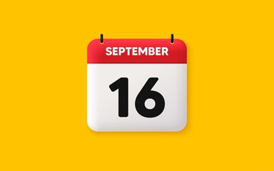 Calendar date 3d icon. 16th day of the month icon. Event schedule date. Meeting appointment time. Agenda plan, September month schedule 3d calendar and Time planner. 16th day day reminder. Vector