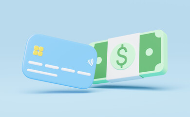 Credit card with Bundles cash floating on blue background. Mobile banking, Online payment service. Borrow money of business. Loan approval. Bonus cash back and refund. Cartoon cashback icon 3d render.