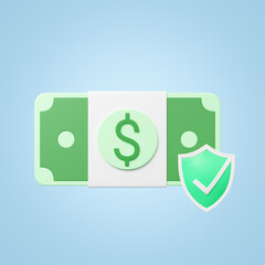 Bundles cash dollar or banknote, guardian shield, check security  floating blue background. Saving money, Mobile banking, Online payment, Technology protection concept. Cartoon icon minimal. 3d render
