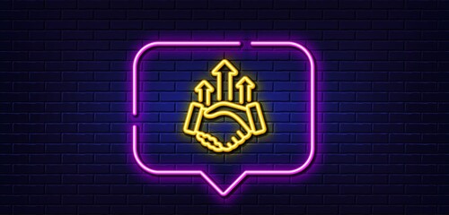 Neon light speech bubble. Deal line icon. Business handshake sign. Investment growth chart symbol. Neon light background. Deal glow line. Brick wall banner. Vector