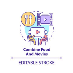 Combine food and movies concept icon. Making restaurant trendy abstract idea thin line illustration. Dine-in movie theater. Isolated outline drawing. Editable stroke. Arial, Myriad Pro-Bold fonts used