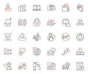 Business icons set. Included icon as Scroll down, Fake document and Delivery man web elements. Decreasing graph, Online question, Sun energy icons. Debit card, No smoking, Group web signs. Vector