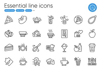 Prohibit food, Potato and Ice cream line icons. Collection of Cutting board, Pizza, Food delivery icons. Coffee-berry beans, Chef, Love champagne web elements. Espresso cream, Coffee cup. Vector