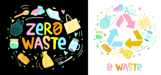 Zero Waste Set. Vector illustration. Hand Drawn.