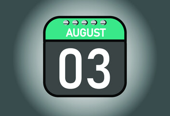 Day 3 august. Calendar banner for August days. Calendar template with metal.