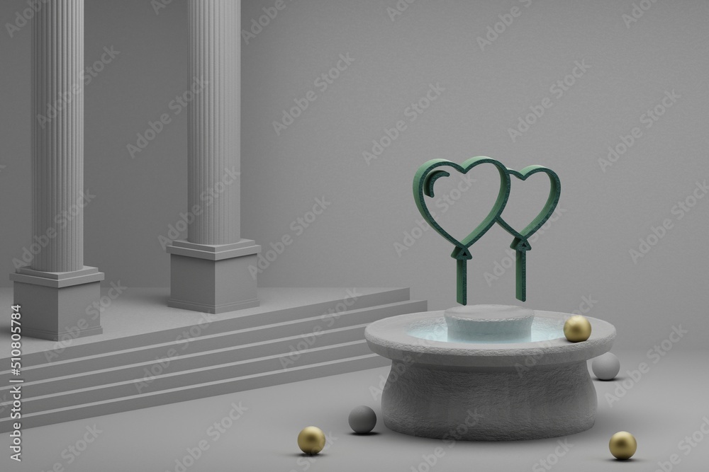 Aufkleber beautiful abstract illustrations heart balloons symbol icon on a fountain and column background. 3d 