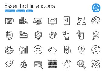 Communication, Information bell and Data analysis line icons. Collection of App settings, Fake information, Artificial colors icons. Swipe up, Refrigerator, Medical calendar web elements. Vector