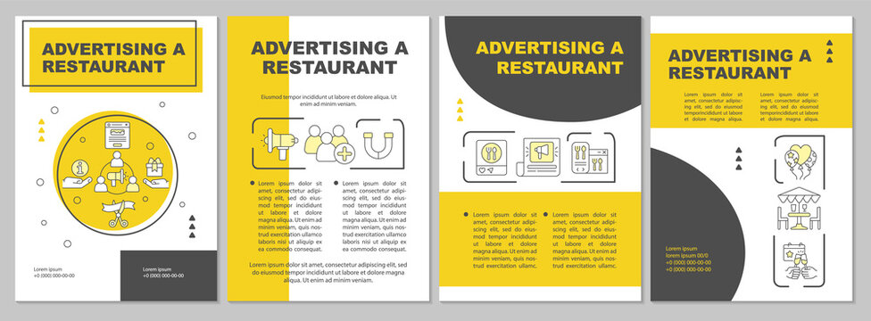 Restaurant promotion yellow brochure template. Attract new customers. Leaflet design with linear icons. Editable 4 vector layouts for presentation, annual reports. Arial, Myriad Pro-Regular fonts used
