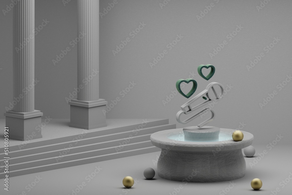 Poster Beautiful abstract illustrations Microphone with heart symbol icon on a fountain and column background. 3d rendering illustration. Background pattern for design. Wedding day.