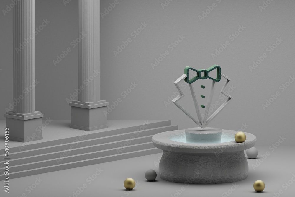 Poster Beautiful abstract illustrations Tuxedo symbol icon on a fountain and column background. 3d rendering illustration. Background pattern for design. Wedding day.