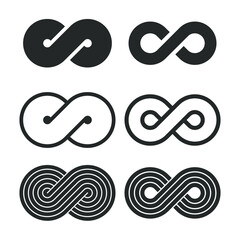 Infinity graphic symbols set. Signs isolated on white background. Graphic design elements. Abstract geometric shapes. Vector illustration