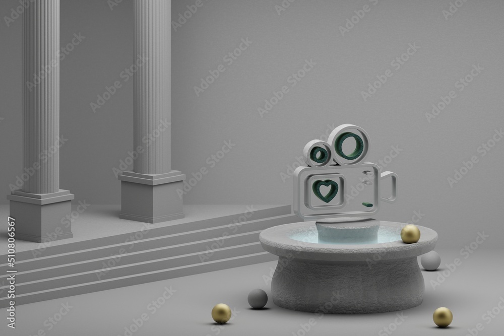 Poster beautiful abstract illustrations video camera with heart symbol icon on a fountain and column backgr