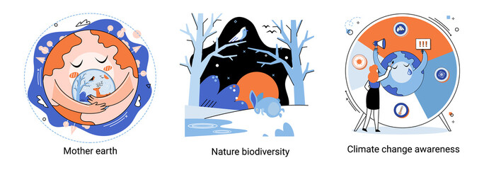 Fototapeta premium Change climate awareness, saving planet, World Environment Day, global warming ecological problems. Mother Earth day, nature biodiversity metaphor set. Care for surroundings eco concept