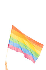 hand holding rainbow flag on white 