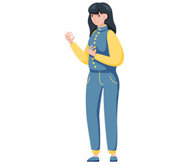 Girl standing making hand gestures. Young woman in casual clothes standing on white background. Dark-haired woman an office employee, manager or student dressed in denim suit shows signs with fingers