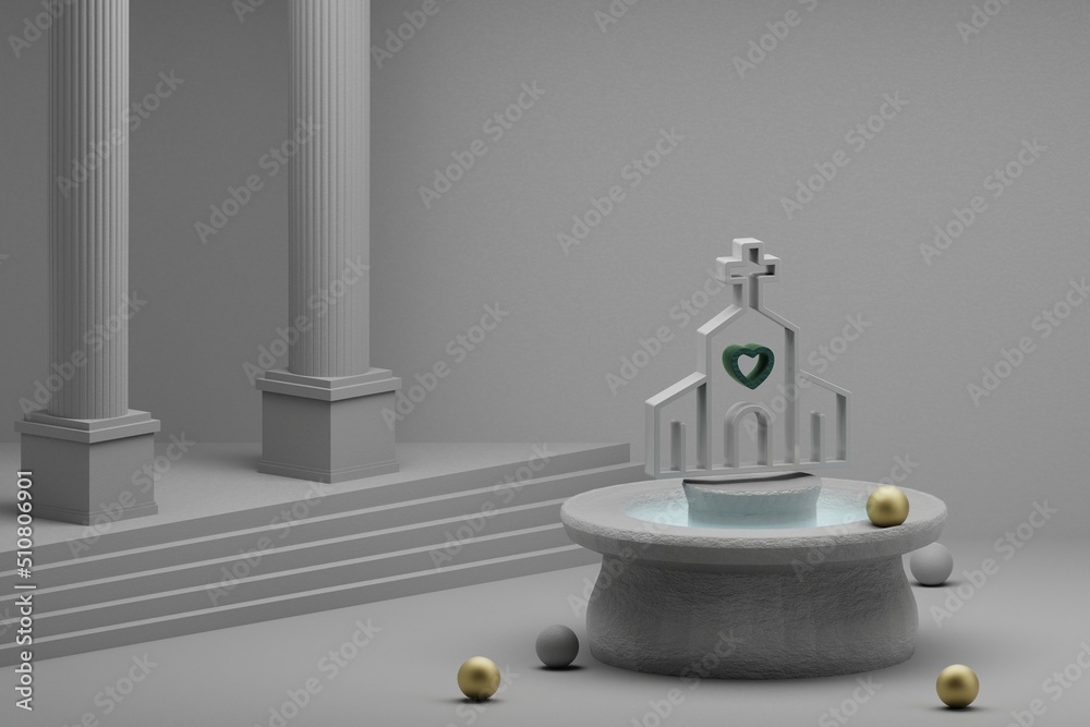 Poster beautiful abstract illustrations wedding church with heart symbol icon on a fountain and column back