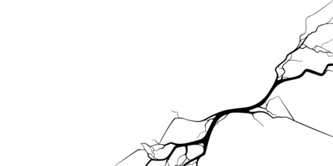 Crack on concrete or ground due to aging or drought. Set of fissures isolated in white background. Monochrome vector illustration