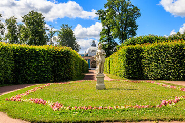 Marble statue in front of Grotto pavilion in the Catherine park at Tsarskoye Selo in Pushkin, Russia
