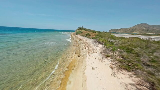 Drone Flight Over White Sand Caye In The Caribbean Sea. Isla Cabra Off The Coast Of Montecristi In The Dominican Republic. FPV aerial