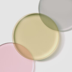 A minimum of 3D product display background and a colorful transparent disk are displayed at the top.