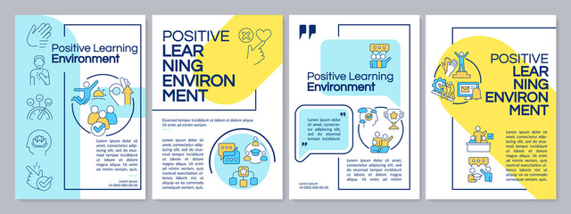 Fototapeta na wymiar Positive learning environment blue and yellow brochure template. Leaflet design with linear icons. Editable 4 vector layouts for presentation, annual reports. Questrial, Lato-Regular fonts used