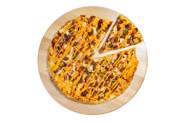 Pizza with beef and a cheese sauce