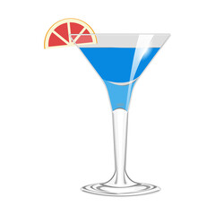 Martini glass with a blue cocktail, blue curacao with a slice of red orange