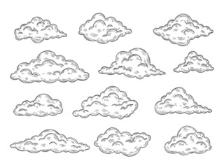 Sketch clouds. Vintage cloud hand drawn hipster style. Atmosphere and sky doodle elements. Retro engraving heaven objects, neoteric ink vector set