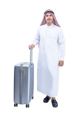 Arab man wearing keffiyeh standing with a suitcase for traveling