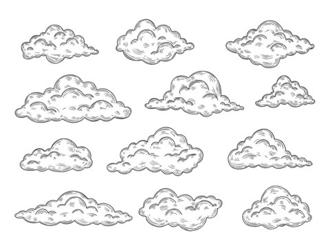 Sketch clouds. Vintage cloud hand drawn hipster style. Atmosphere and sky doodle elements. Retro engraving heaven objects, neoteric ink vector set
