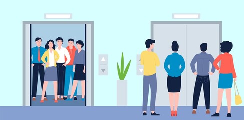 People in office elevator. Workers wait elevators, businessmen in hall of mall. Person at job, professionals group at morning and lift, recent vector panorama concept