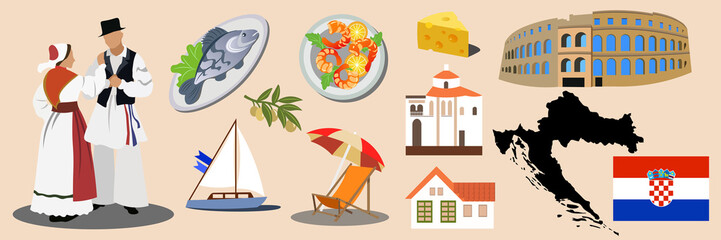 
Set of Croatia illustrations. Characters in national costumes of Croatia. Famous architecture, dishes of Croatia, Amphitheater (Pula), beach and boat, map and flag of Croatia. Vector illustration