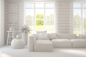 Mock up of stylish room in white color with sofa and green landscape in window. Scandinavian interior design. 3D illustration