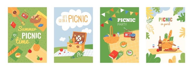 Summer garden picnic poster. Fun spring barbecue party, romantic dating on nature with food and wine. Wicker basket, drinks and meal classy vector banner