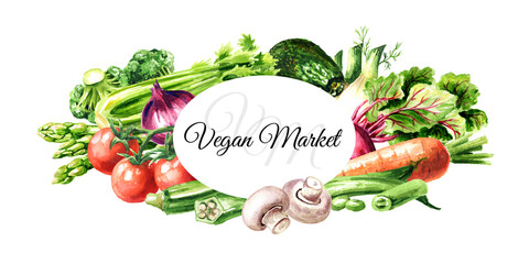 Vegan Market. Fresh vegetables. Hand drawn watercolor illustration isolated on white background