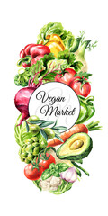 Vegan Market. Fresh vegetables. Hand drawn watercolor illustration, isolated on white background