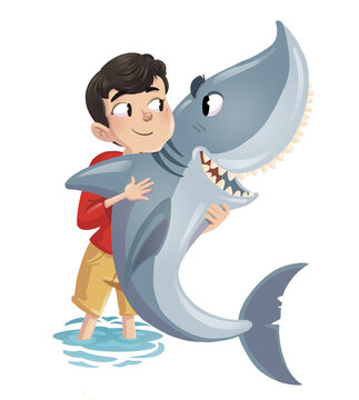 Children's illustration of a boy with a shark