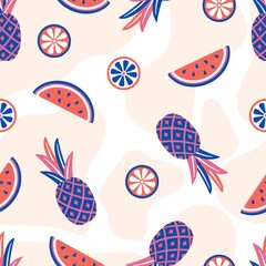 Crazy fruits background. Pineapple, watermelon and citrus slices. Bright abstract fruit fabric print, contemporary trendy vector seamless pattern design