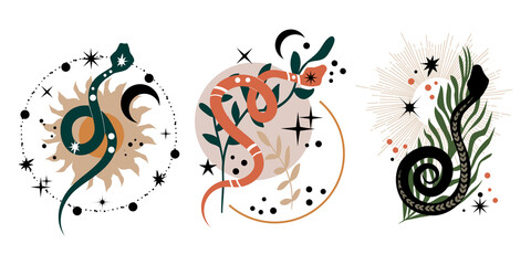 Set of boho design elements with snakes. Trendy witchy illustration. Mystical logo in a minimalist style. Cosmic minimalistic background