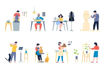 Naklejka premium Creators characters. Beauty sculpture designer, creator drawing in art stream. Artist and handcraft hobby. Creative people in process, isolated recent vector scenes